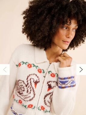 Obey Cream Zip-Front Sweater Cardigan with Swan Intarsia